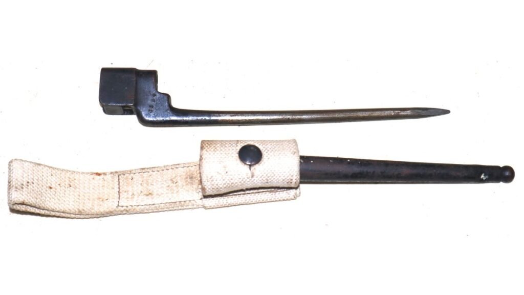 WW2 British Spike Bayonet In Scabbard With Canvas Frog