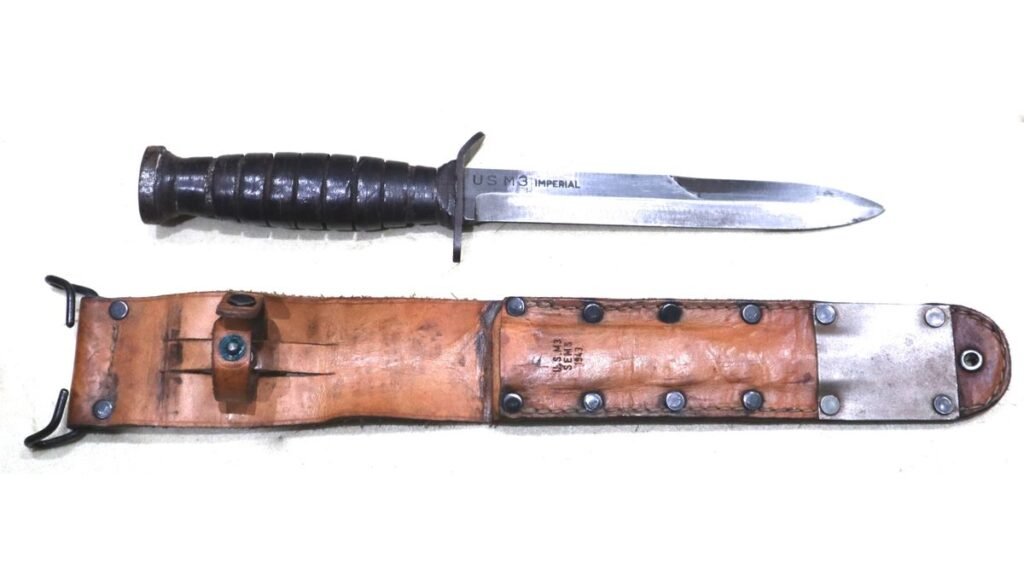 WW2 US 1943 Dated M3 Fighting Knife In Leather Scabbard